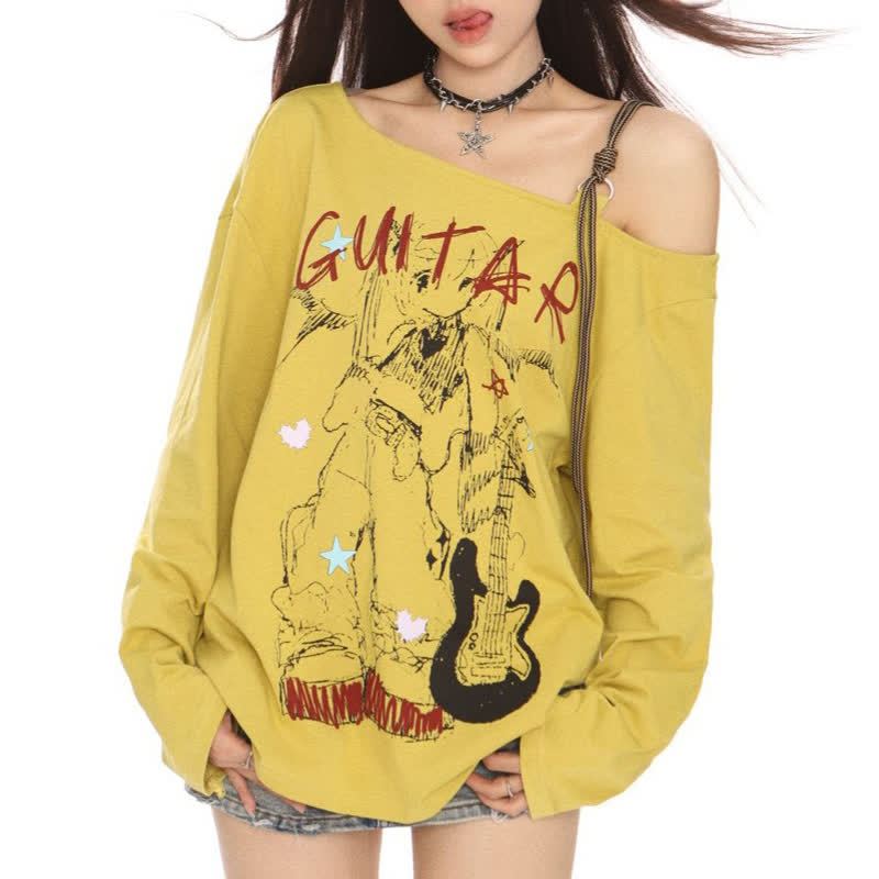 American Style Sweet Cool Guitar Print Off Shoulder Long Sleeve T-shirt - image 3