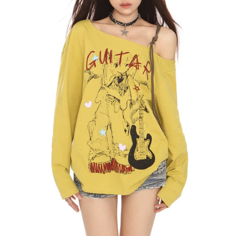 American Style Sweet Cool Guitar Print Off Shoulder Long Sleeve T-shirt - image 2