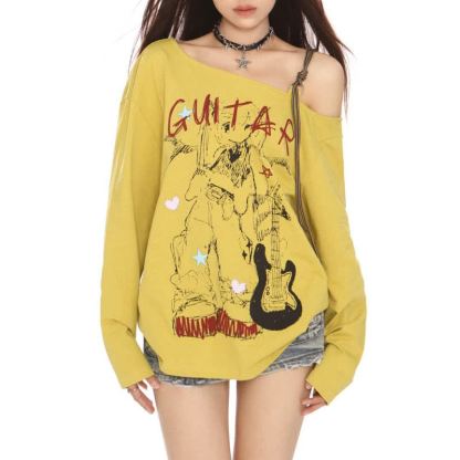 American Style Sweet Cool Guitar Print Off Shoulder Long Sleeve T-shirt - image 2