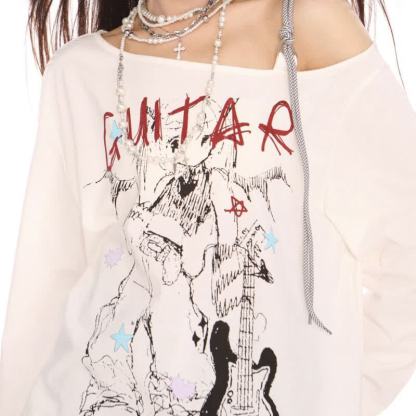American Style Sweet Cool Guitar Print Off Shoulder Long Sleeve T-shirt - image 5
