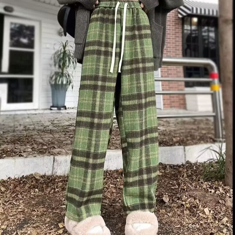 Casaul Double Zip Cropped Top Plaid Wide Leg Pants Two Pieces Set - image 2