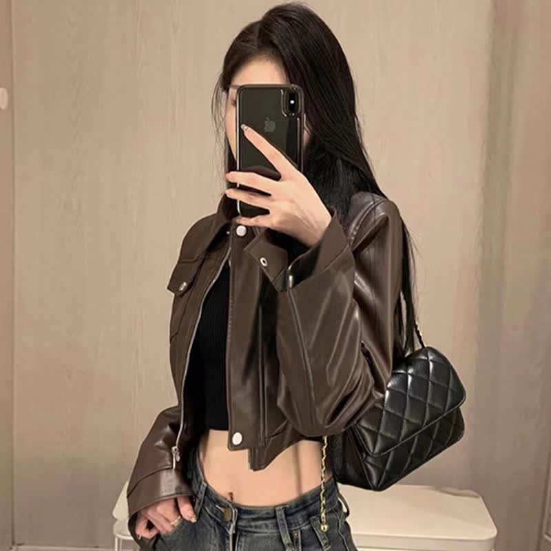 Loose Leather Jacket Cami Top Irregular Plaid Skirt Three Pieces Set - image 3