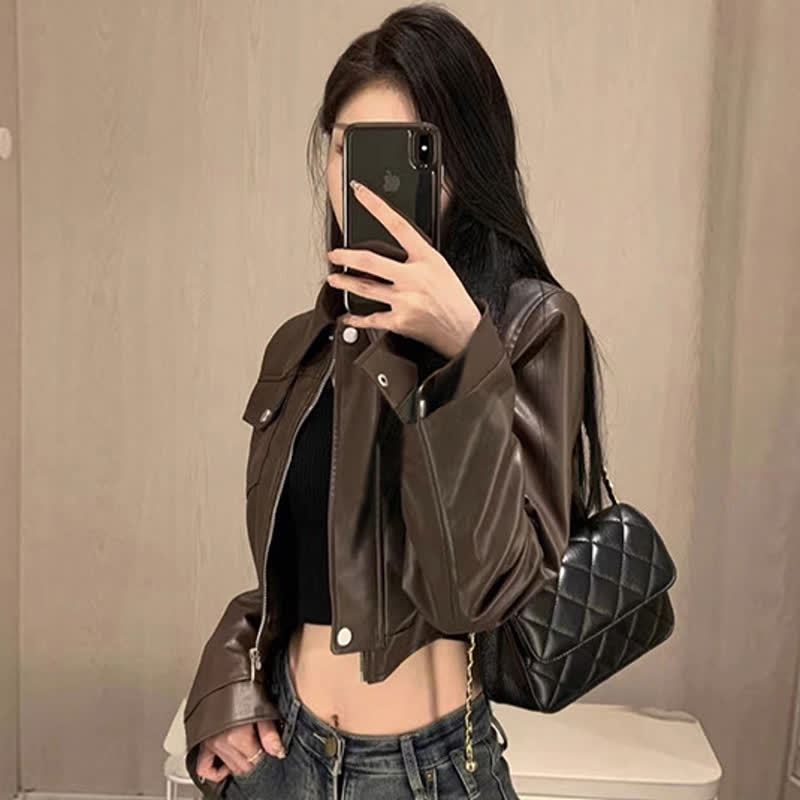 Loose Leather Jacket Cami Top Irregular Plaid Skirt Three Pieces Set - image 3