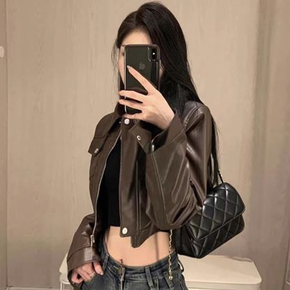 Loose Leather Jacket Cami Top Irregular Plaid Skirt Three Pieces Set - image 3