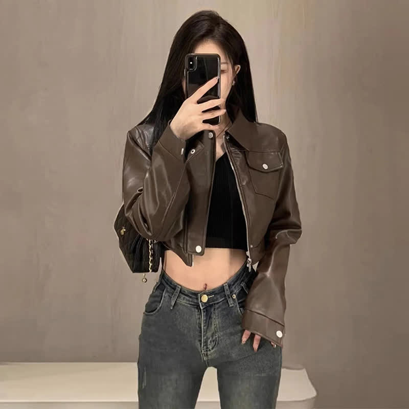 Loose Leather Jacket Cami Top Irregular Plaid Skirt Three Pieces Set - image 2