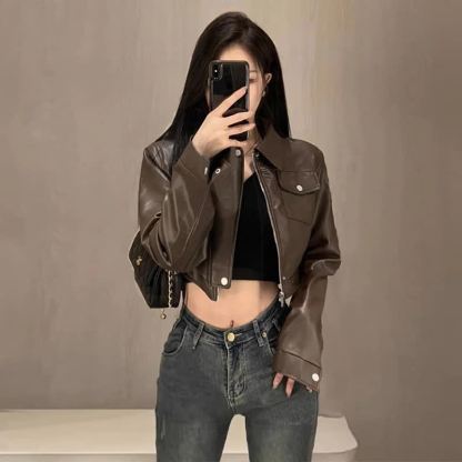 Loose Leather Jacket Cami Top Irregular Plaid Skirt Three Pieces Set - image 2