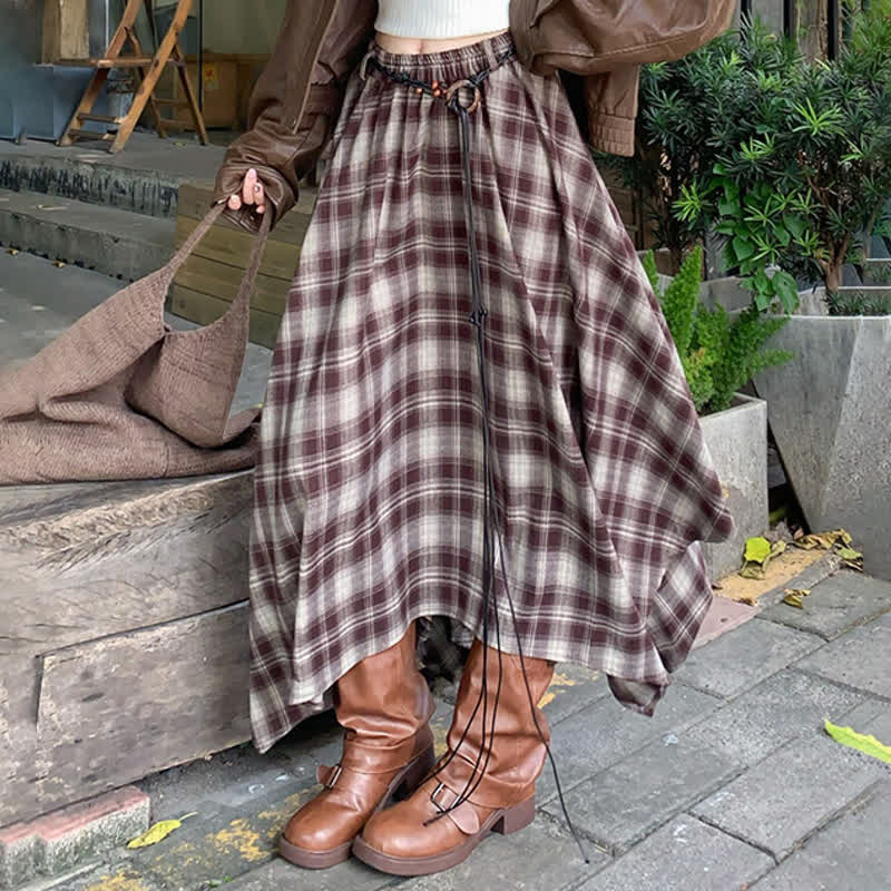 Loose Leather Jacket Cami Top Irregular Plaid Skirt Three Pieces Set - image 6