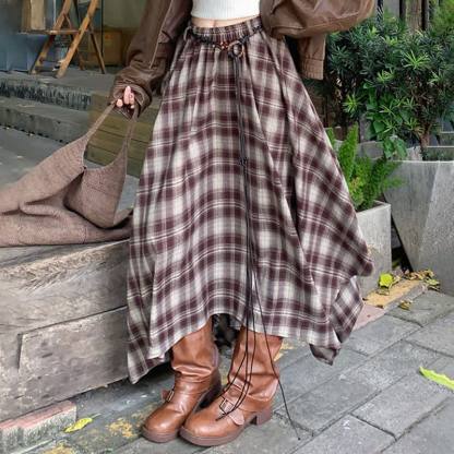Loose Leather Jacket Cami Top Irregular Plaid Skirt Three Pieces Set - image 6