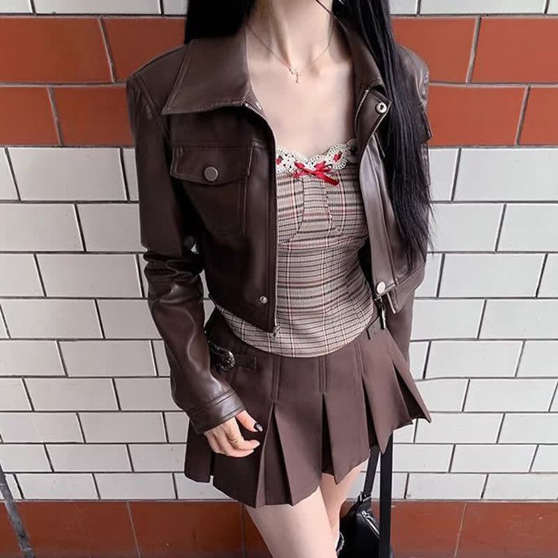 Loose Leather Jacket Cami Top Irregular Plaid Skirt Three Pieces Set - image 4