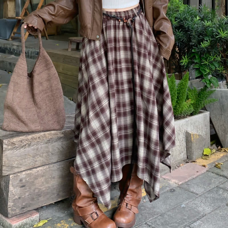 Loose Leather Jacket Cami Top Irregular Plaid Skirt Three Pieces Set - Skirt - 3XL - image 7