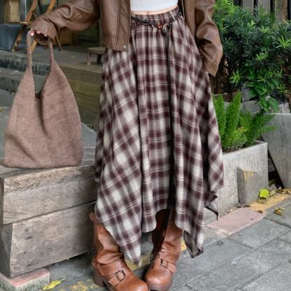Loose Leather Jacket Cami Top Irregular Plaid Skirt Three Pieces Set - Skirt - 3XL - image 7