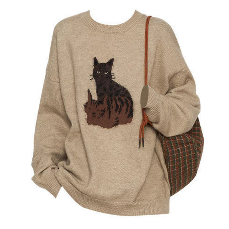 Casual Cat Print Round Neck Knit Sweater Fringe Plaid Skirt Two Pieces Set - Top - 3XL - image 4