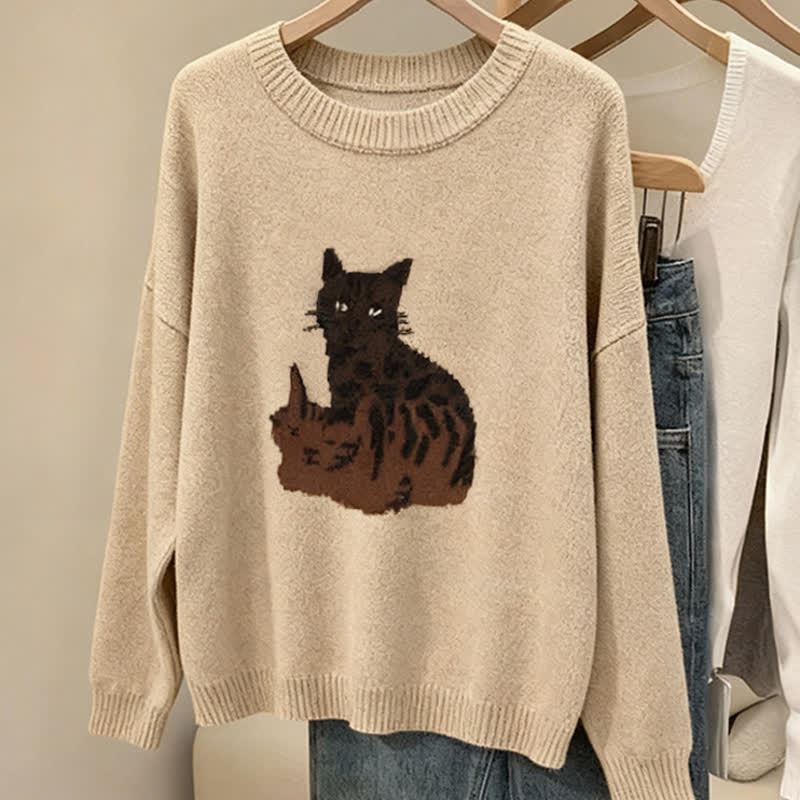 Casual Cat Print Round Neck Knit Sweater Fringe Plaid Skirt Two Pieces Set - image 2