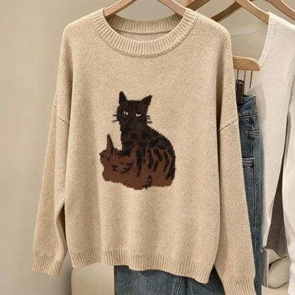 Casual Cat Print Round Neck Knit Sweater Fringe Plaid Skirt Two Pieces Set - image 2