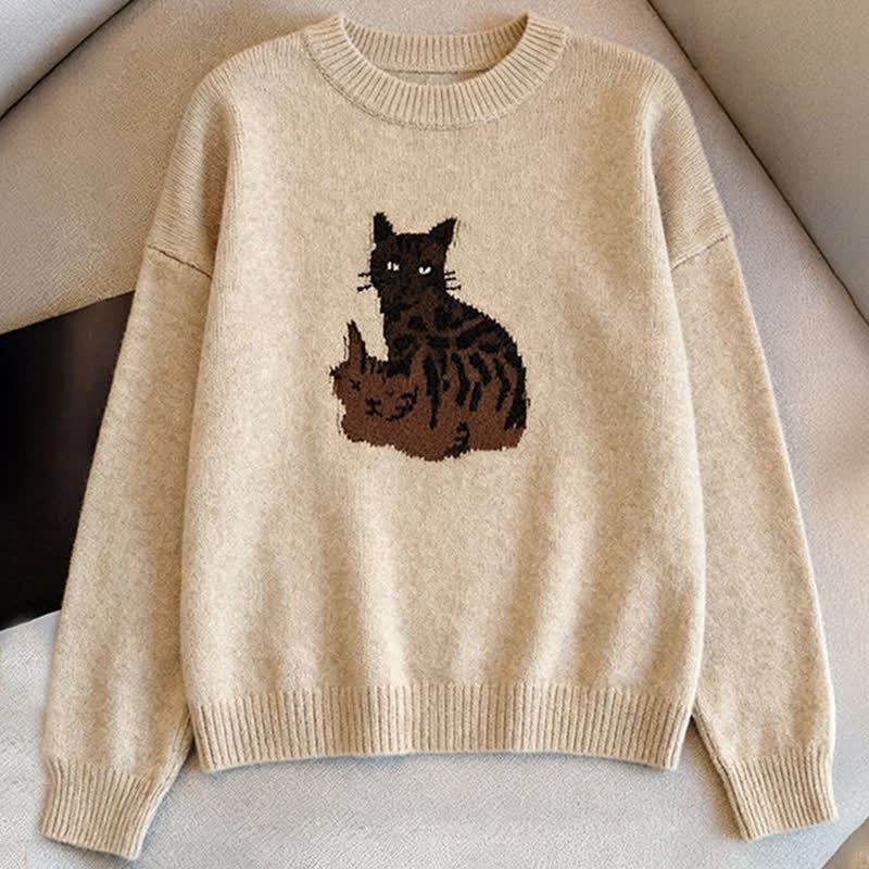 Casual Cat Print Round Neck Knit Sweater Fringe Plaid Skirt Two Pieces Set - image 3