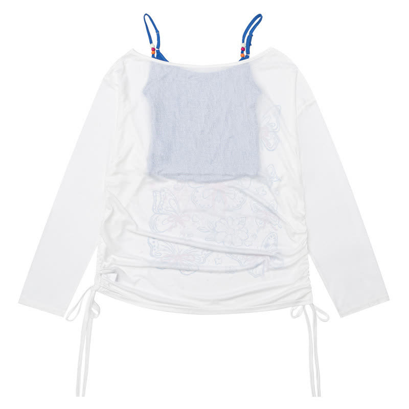 Gradient Butterfly Print Drawstring Side Long Sleeve Cover Up Top - image 3