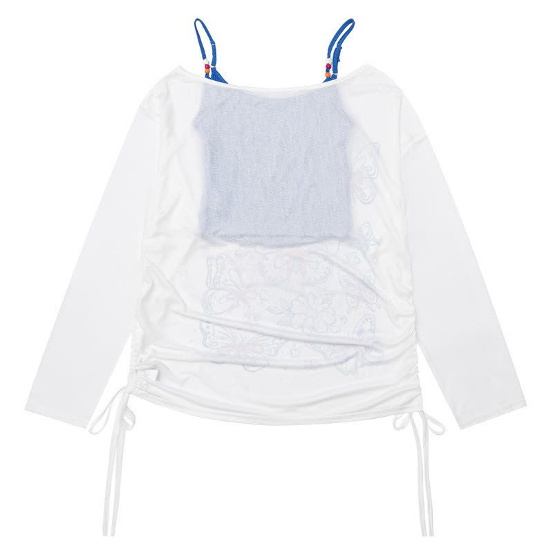Gradient Butterfly Print Drawstring Side Long Sleeve Cover Up Top - image 3