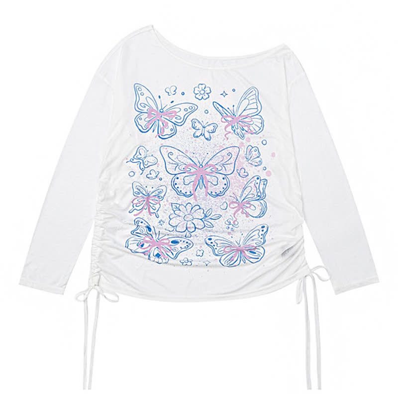 Gradient Butterfly Print Drawstring Side Long Sleeve Cover Up Top - image 2