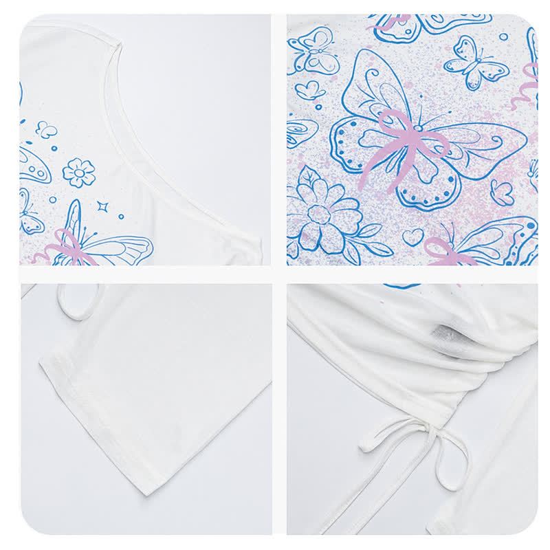 Gradient Butterfly Print Drawstring Side Long Sleeve Cover Up Top - image 6