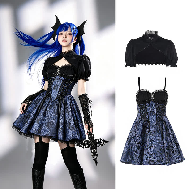 Gothic Lace Puff Sleeve Top Floral Print Strap Dress Two Pieces Set  - Set - L - image 1