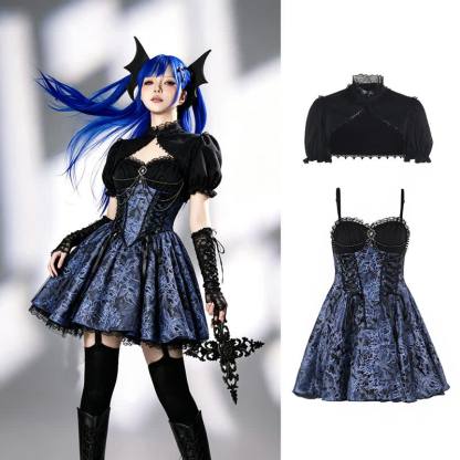 Gothic Lace Puff Sleeve Top Floral Print Strap Dress Two Pieces Set  - Set - L - image 1