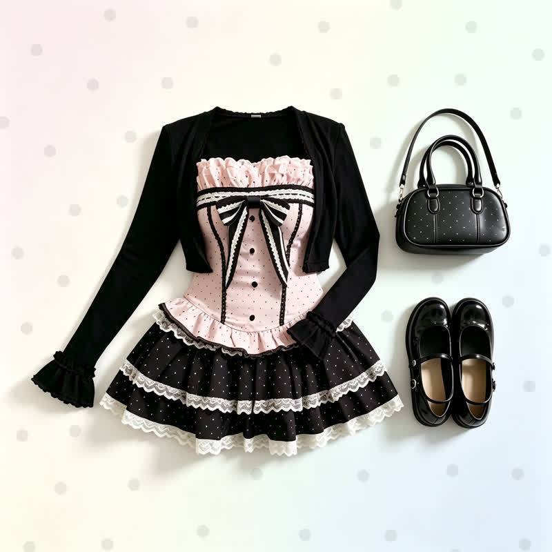 Sweet Bow Polka Dot Cami Top Long Sleeve Cardigan Lace Tiered Skirt Three Pieces Set - image 1
