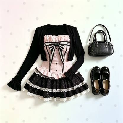 Sweet Bow Polka Dot Cami Top Long Sleeve Cardigan Lace Tiered Skirt Three Pieces Set - image 1