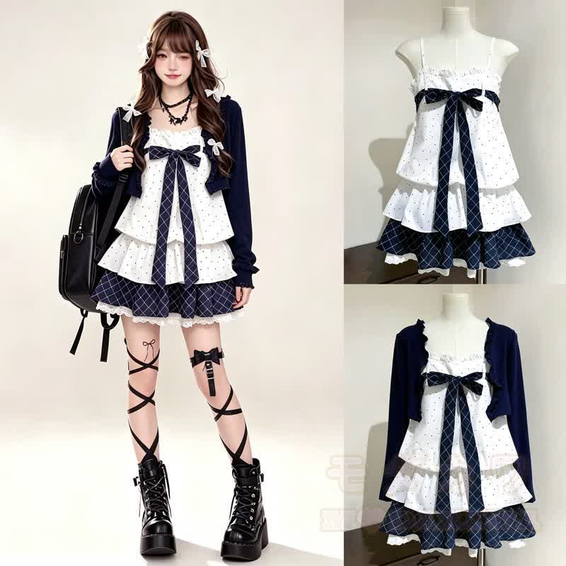Long Sleeve Cardigan Polka Dot Bow Cami Tiered Dress Two Pieces Set - image 1