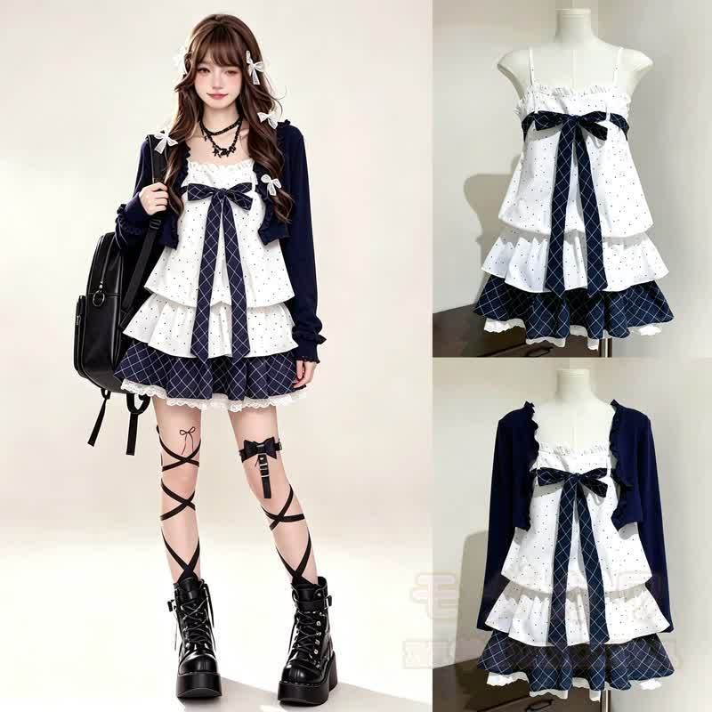 Long Sleeve Cardigan Polka Dot Bow Cami Tiered Dress Two Pieces Set - image 1