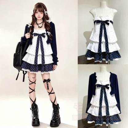 Long Sleeve Cardigan Polka Dot Bow Cami Tiered Dress Two Pieces Set - image 1