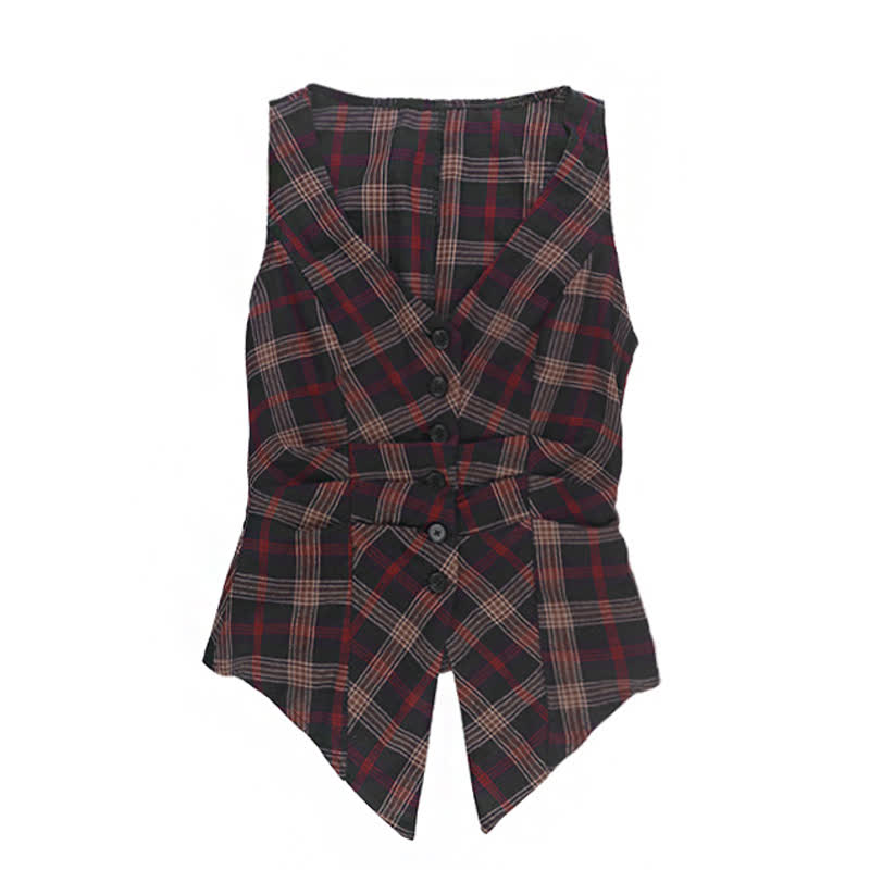Gothic Plaid Sleeveless V-neck Top Lace Ruffle Skirt Two Pieces Set - Top - L - image 6