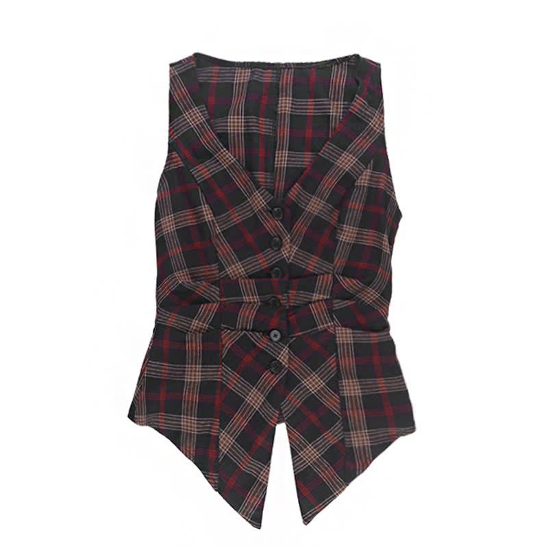 Gothic Plaid Sleeveless V-neck Top Lace Ruffle Skirt Two Pieces Set - Top - L - image 6