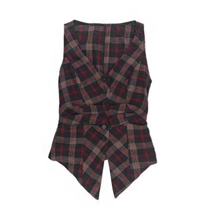Gothic Plaid Sleeveless V-neck Top Lace Ruffle Skirt Two Pieces Set - Top - L - image 6