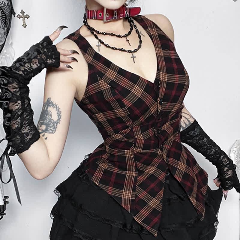 Gothic Plaid Sleeveless V-neck Top Lace Ruffle Skirt Two Pieces Set - image 2