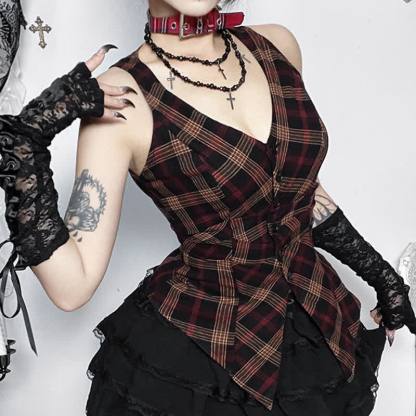 Gothic Plaid Sleeveless V-neck Top Lace Ruffle Skirt Two Pieces Set - image 2