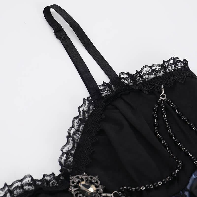 Gothic Lace Puff Sleeve Top Floral Print Strap Dress Two Pieces Set  - image 11