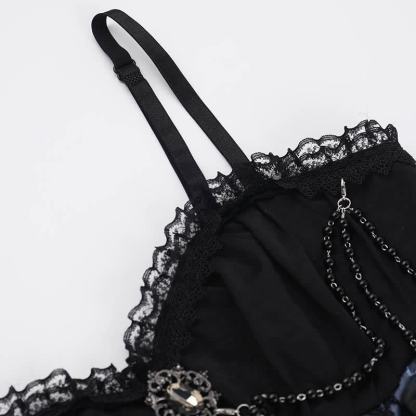 Gothic Lace Puff Sleeve Top Floral Print Strap Dress Two Pieces Set  - image 11
