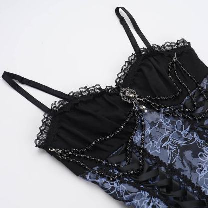 Gothic Lace Puff Sleeve Top Floral Print Strap Dress Two Pieces Set  - image 10