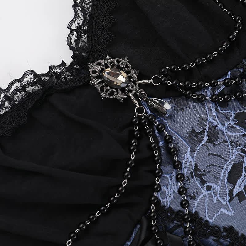 Gothic Lace Puff Sleeve Top Floral Print Strap Dress Two Pieces Set  - image 12
