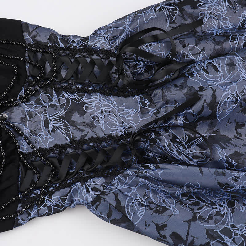Gothic Lace Puff Sleeve Top Floral Print Strap Dress Two Pieces Set  - image 7