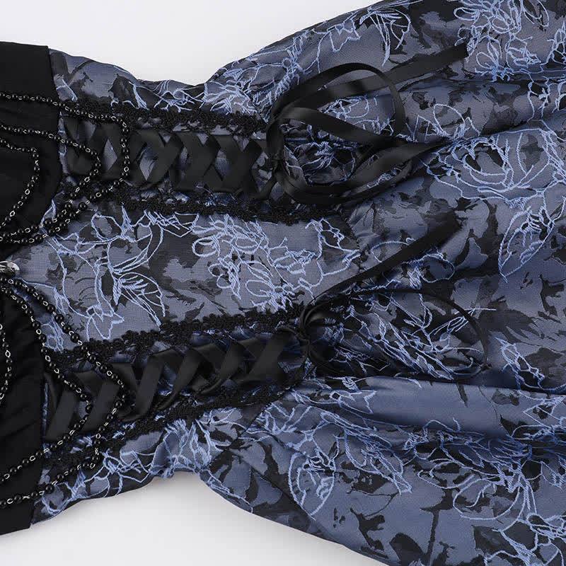 Gothic Lace Puff Sleeve Top Floral Print Strap Dress Two Pieces Set  - image 7