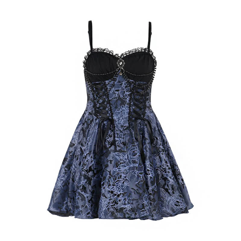 Gothic Lace Puff Sleeve Top Floral Print Strap Dress Two Pieces Set  - Dress - L - image 5