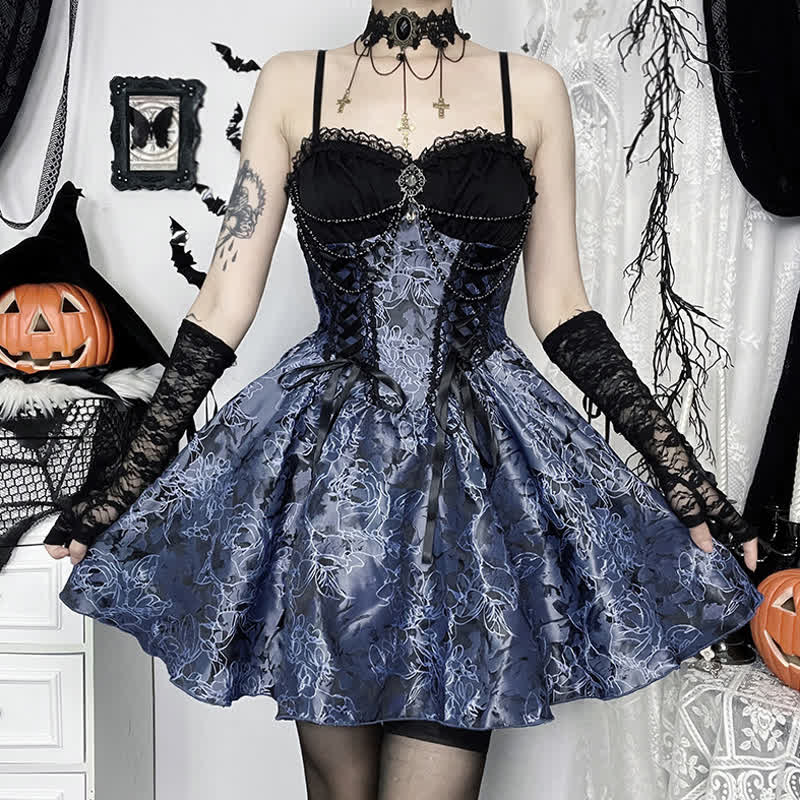 Gothic Lace Puff Sleeve Top Floral Print Strap Dress Two Pieces Set  - image 2