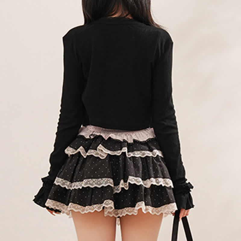 Sweet Bow Polka Dot Cami Top Long Sleeve Cardigan Lace Tiered Skirt Three Pieces Set - image 4