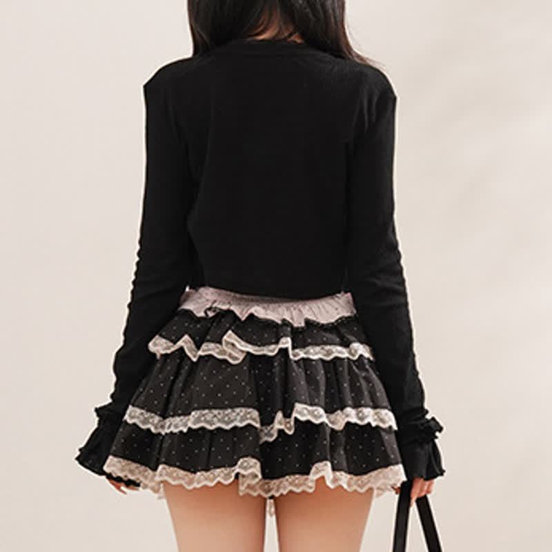 Sweet Bow Polka Dot Cami Top Long Sleeve Cardigan Lace Tiered Skirt Three Pieces Set - image 4