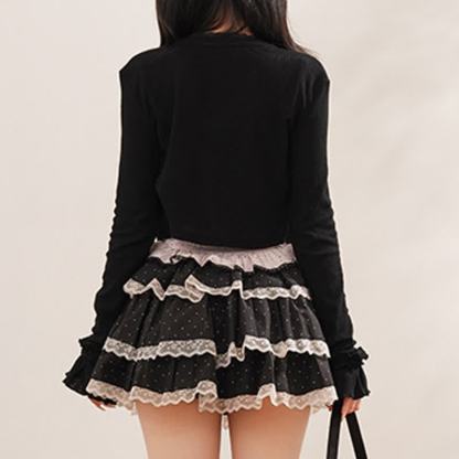Sweet Bow Polka Dot Cami Top Long Sleeve Cardigan Lace Tiered Skirt Three Pieces Set - image 4