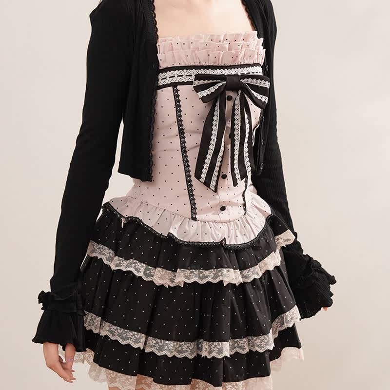 Sweet Bow Polka Dot Cami Top Long Sleeve Cardigan Lace Tiered Skirt Three Pieces Set - Cardigan - XL - image 5