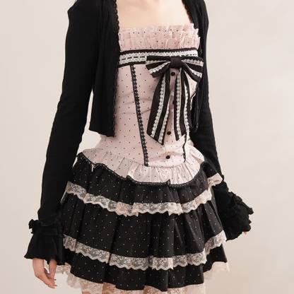 Sweet Bow Polka Dot Cami Top Long Sleeve Cardigan Lace Tiered Skirt Three Pieces Set - Cardigan - XL - image 5
