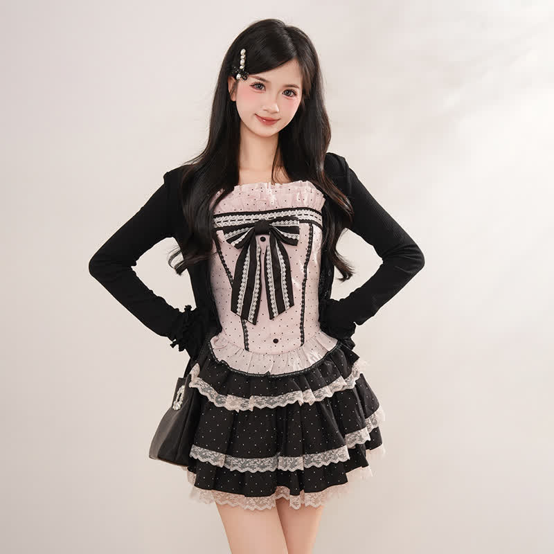 Sweet Bow Polka Dot Cami Top Long Sleeve Cardigan Lace Tiered Skirt Three Pieces Set - image 3