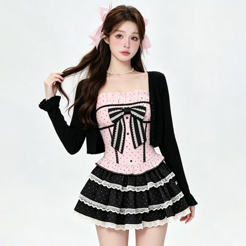 Sweet Bow Polka Dot Cami Top Long Sleeve Cardigan Lace Tiered Skirt Three Pieces Set - image 2